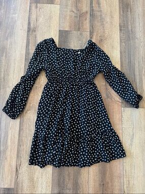Girls' Black Floral Smocked Waist Long-Sleeve Dress